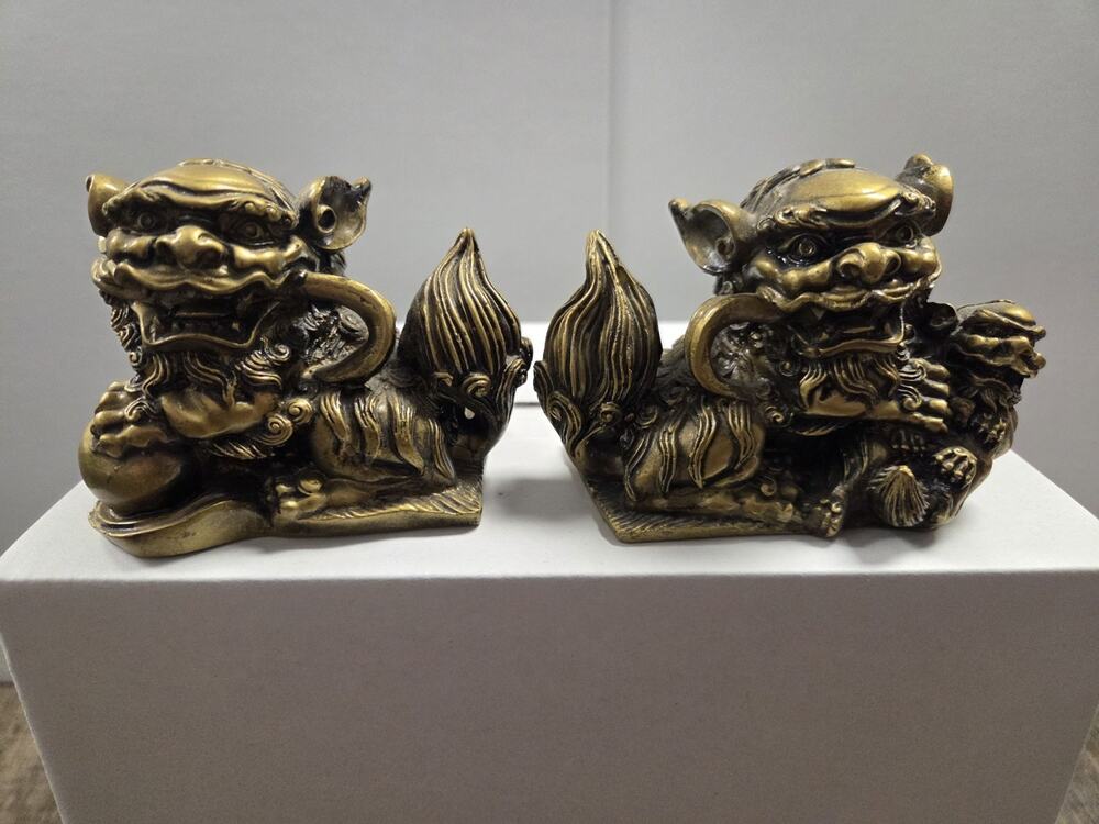 Chinese Bronze Resin Fengshui Foo Fu Dog Guardian Lion Pair Statue Mini Bookends